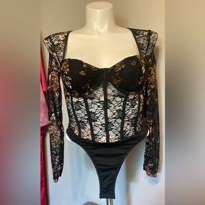 Black and Gold Lace Bodysuit NWOT